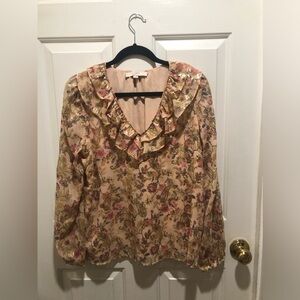LOFT size M 100% polyester pale pink with gold leaf and floral design blouse.